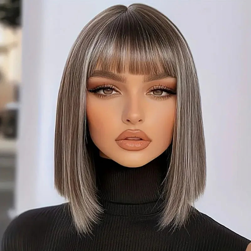 Highlight-Blended Brown Short Bob Cut Wig with Straight Bangs (Synthetic Fiber) - Perfect for Women's Hair Wigs Daily Wear, Parties, Celeb