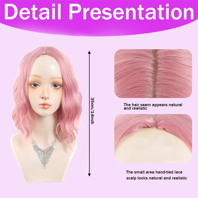 14Inch Pink Wig for Women Short Wavy Pastel Pink Hair Wigs with Lace Shoulder Length Middle Part Curly Wavy of Wigs