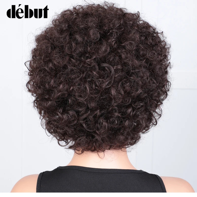 Short Pixie Afro Kinky Curly Wig Natural Brown Bob Wig with Bangs Brazilian Remy Human Hair Wigs Jerry Curly For Women